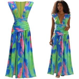 Tie Dye Sleeveless Dress Colorful Pleated Ruched Gown